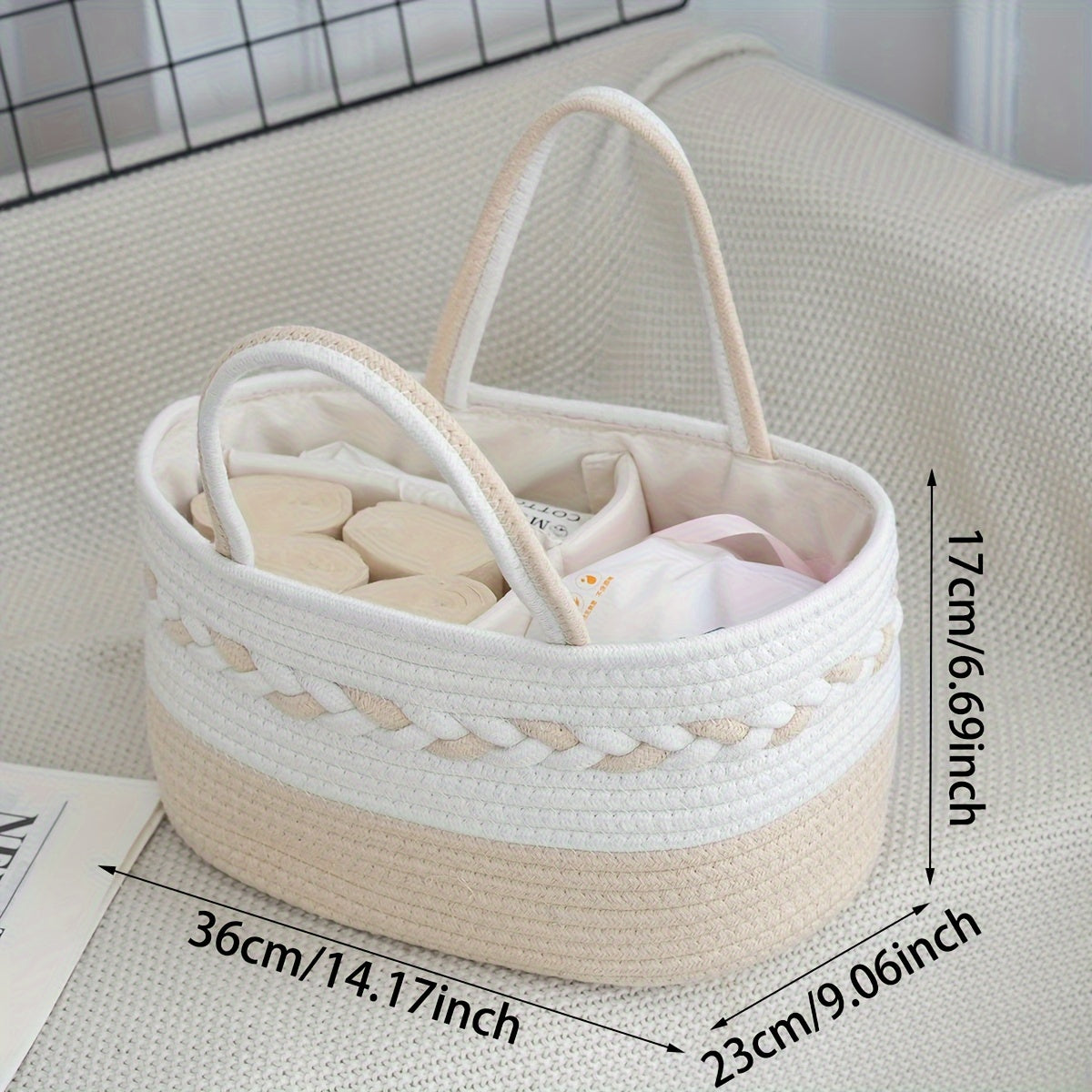 Boho Rope Storage Basket Woven Foldable Organizer 14¡± Large Capacity - Removable Lining Striped Shelf Basket with Handle for Home Bedroom Living Room Laundry Decor