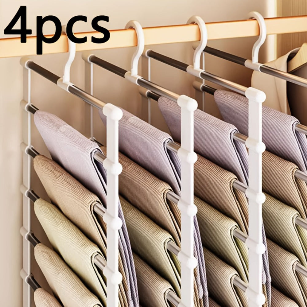 Pants Hangers Foldable Multi-Layer Stainless Steel | Non-Slip Space Saving Closet Organizer for Jeans Leggings Scarves Trousers | 4 or 8 Pack Clothes Rack Hanger