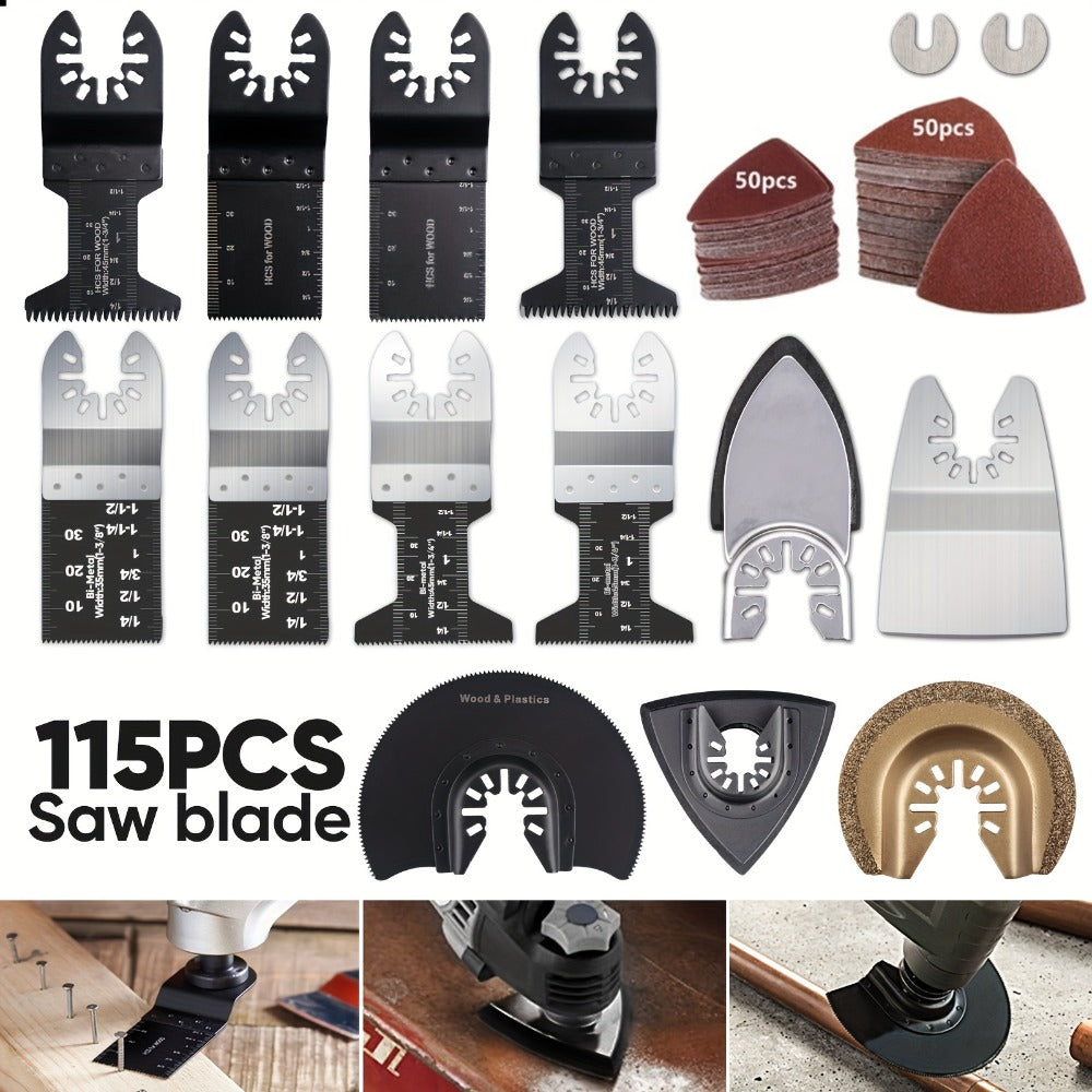 115pcs Oscillating Saw Blades Set with Sandpaper ¨C Multitool Blades for Wood Metal Plastic, Universal Fit for Major Brands, Complete DIY & Pro Cutting Kit