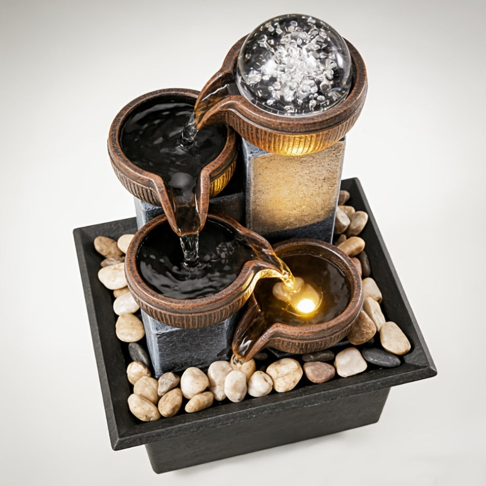 Tabletop Water Fountain Indoor ¨C 4-Level Desktop Waterfall with LED Lights & Natural River Stones, USB Powered Meditation Fountain for Home Office Relaxation, Zen Desk Decor with Bubble Balls