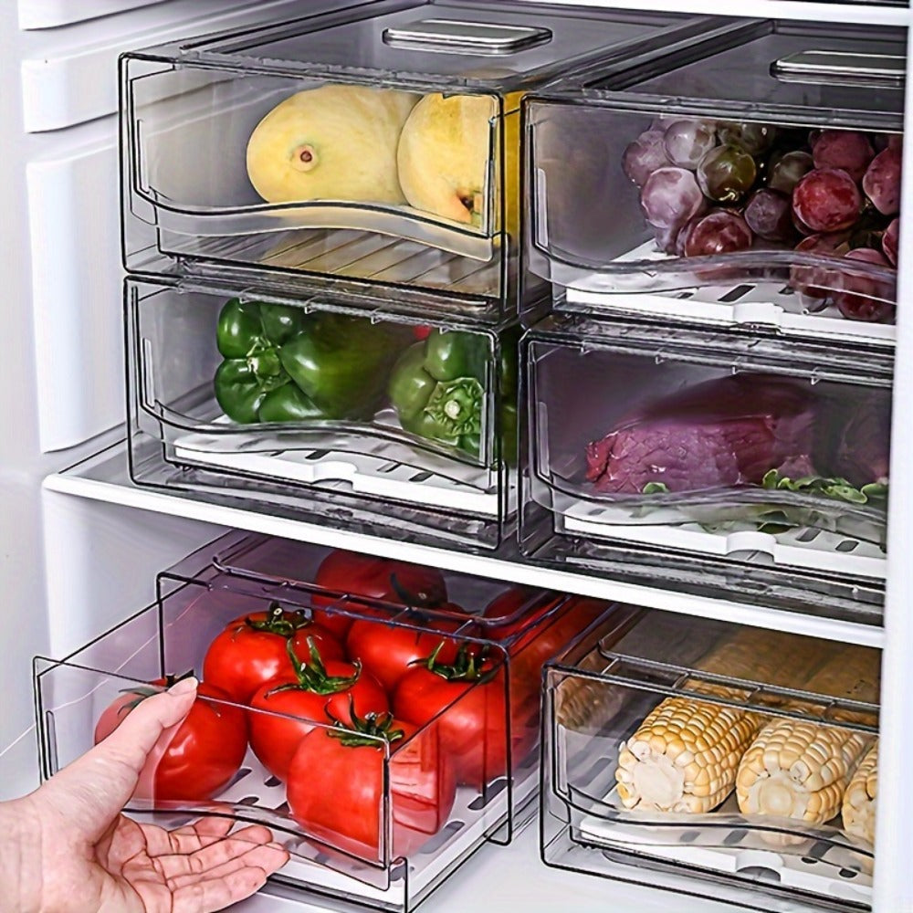 Stackable Fridge Organizer Bins with Drawer, BPA-Free Refrigerator Storage Containers with Drain Board & Ventilation, Clear Food Storage Bins for Kitchen Pantry Freezer, Set of 2