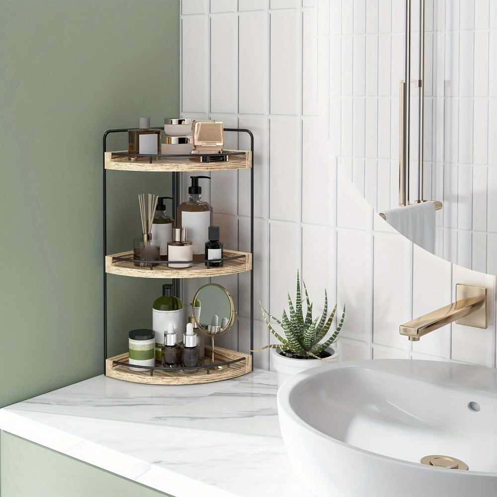 3-Layer Rustic Corner Countertop Storage Rack ¨C 16.93¡± Wooden Vanity Organizer & Space-Saving Shelf for Bathroom, Kitchen & Bedroom ¨C Farmhouse Corner Shelf for Countertop Display & Organization