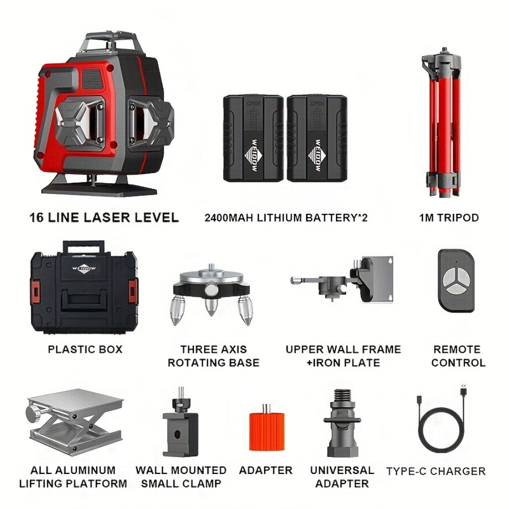 4D Laser Level 16 Line Self Leveling High Precision Cross Line Laser for Construction Renovation Tiling Flooring Alignment Fast Charging with Tripod Options