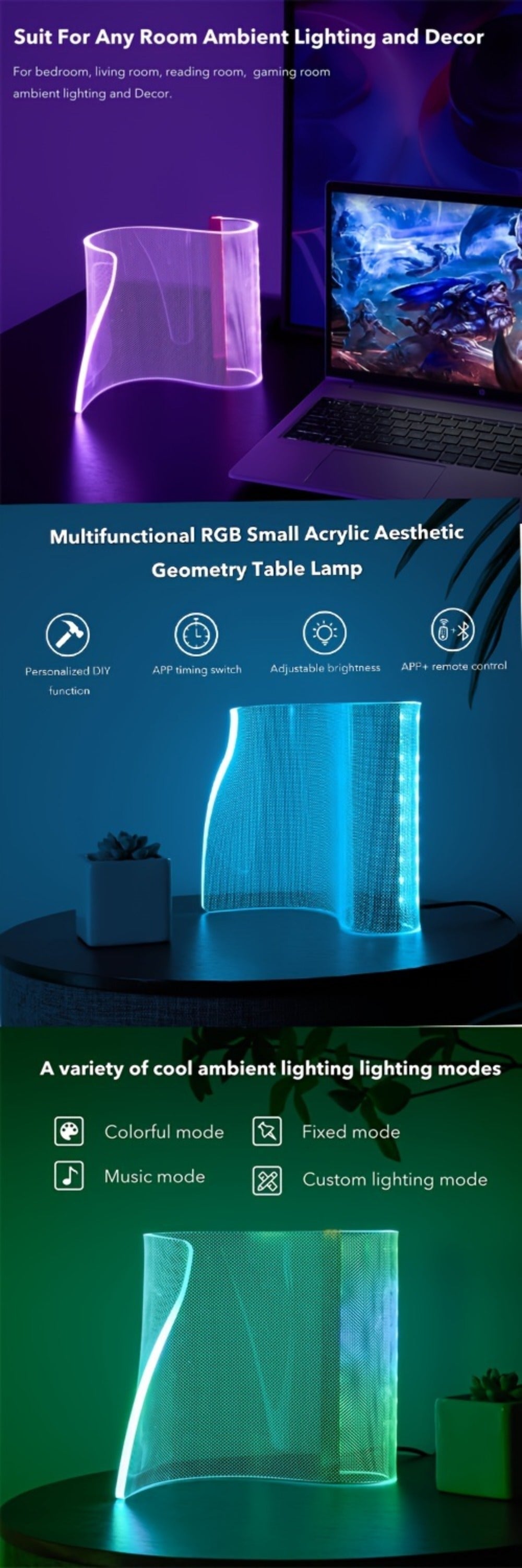 RGB LED Table Lamp Smart APP Remote Control - Dimmable Geometric Metal Desk Lamp USB Powered Futuristic Ambient Mood Light for Gaming Room Bedroom Office Decor | Multicolor | Concert Dance Gift