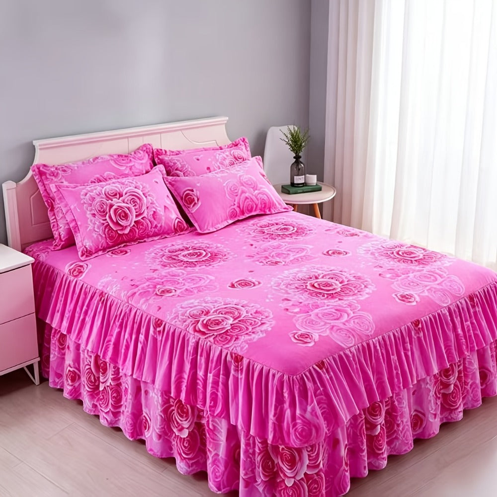 Floral Bed Skirt Set 3 Piece Tropical Print Ruffle Bed Skirt with 2 Pillowcases All-Season Polyester Machine Washable Bedroom Bedding Set Pink Purple Blue Peony Rose 150x200 180x200 200x220