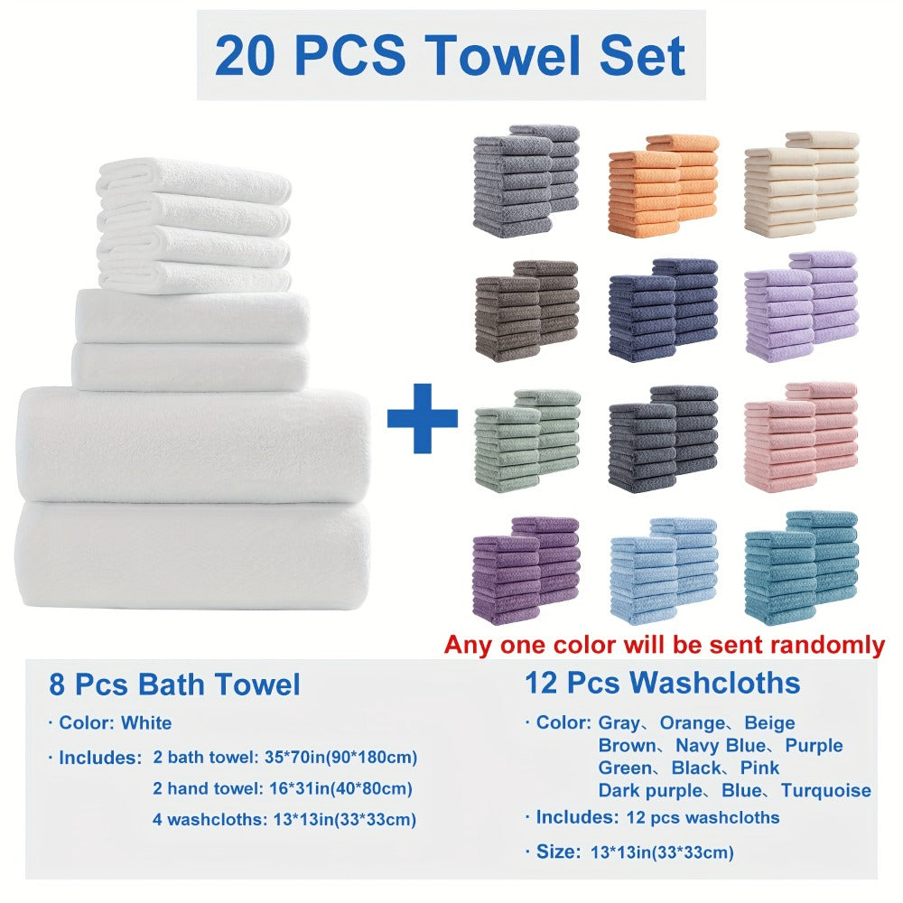 Bath Towel Set 20 Piece 100% Microfiber Absorbent Quick Dry Soft Extra Large Bath Sheets 8 Bath Towels 12 Washcloths Home Bathroom Spa Gift White Beige Gray Blue Green Purple