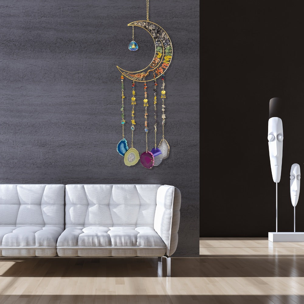 Moon Agate Tree Hanging Ornament Handmade Boho Suncatcher Wall Decor - Crystal Window Sun Catcher Gift for Mom Friends Women Birthday Christmas Holiday Home Decoration