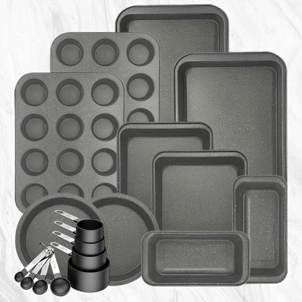 Nonstick Baking Pan Set 2 to 18pcs Carbon Steel Round Square Cake Pan Muffin Pan Bread Pan Cookie Sheet Pizza Pan Wire Rack Whisk Spatula Measuring Spoon Complete Bakeware Set