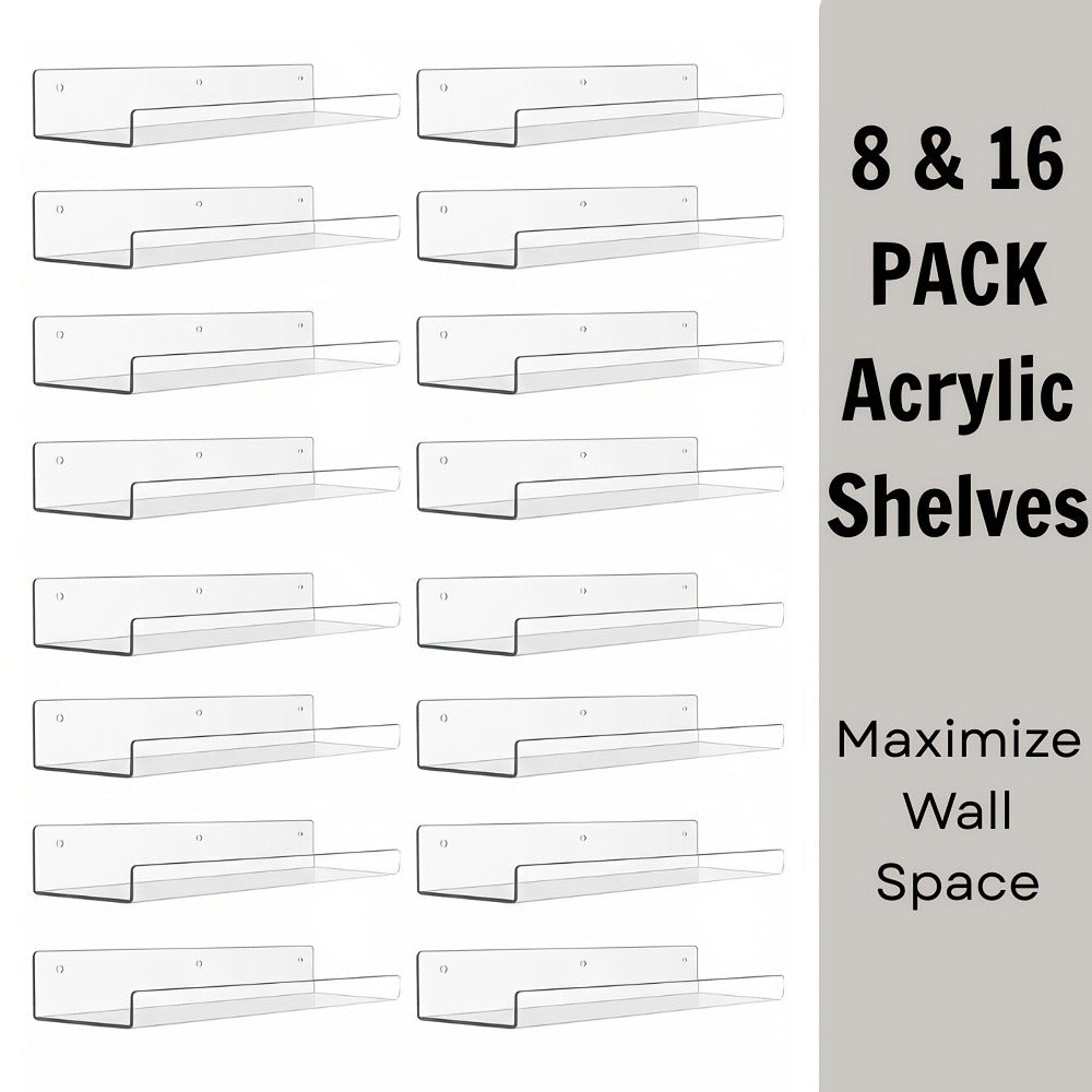 Acrylic Floating Wall Shelves - Clear Display Shelf Organizer for Bathroom, Bedroom, Living Room & Kitchen, 15x4 Inch Wall Mounted Storage Bookshelf, Set of 4/8/16 Pack Room Decor