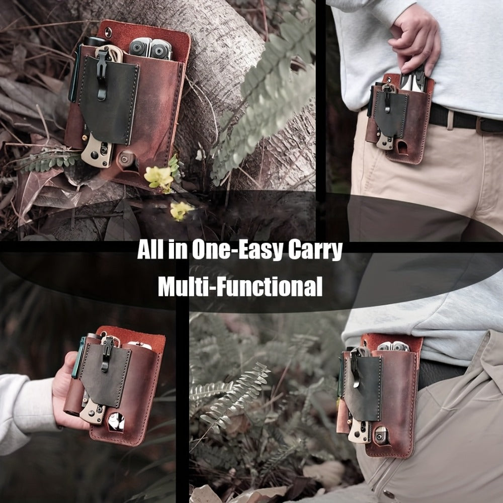 Multitool Belt Holster with Belt Clip & Loop, EDC Everyday Carry Organizer Sheath for Multi-Tools, Flashlight & Pen Holder, 4x5.5x1 Inch, Fits Leatherman Gerber & Most Multitools, Black & Brown
