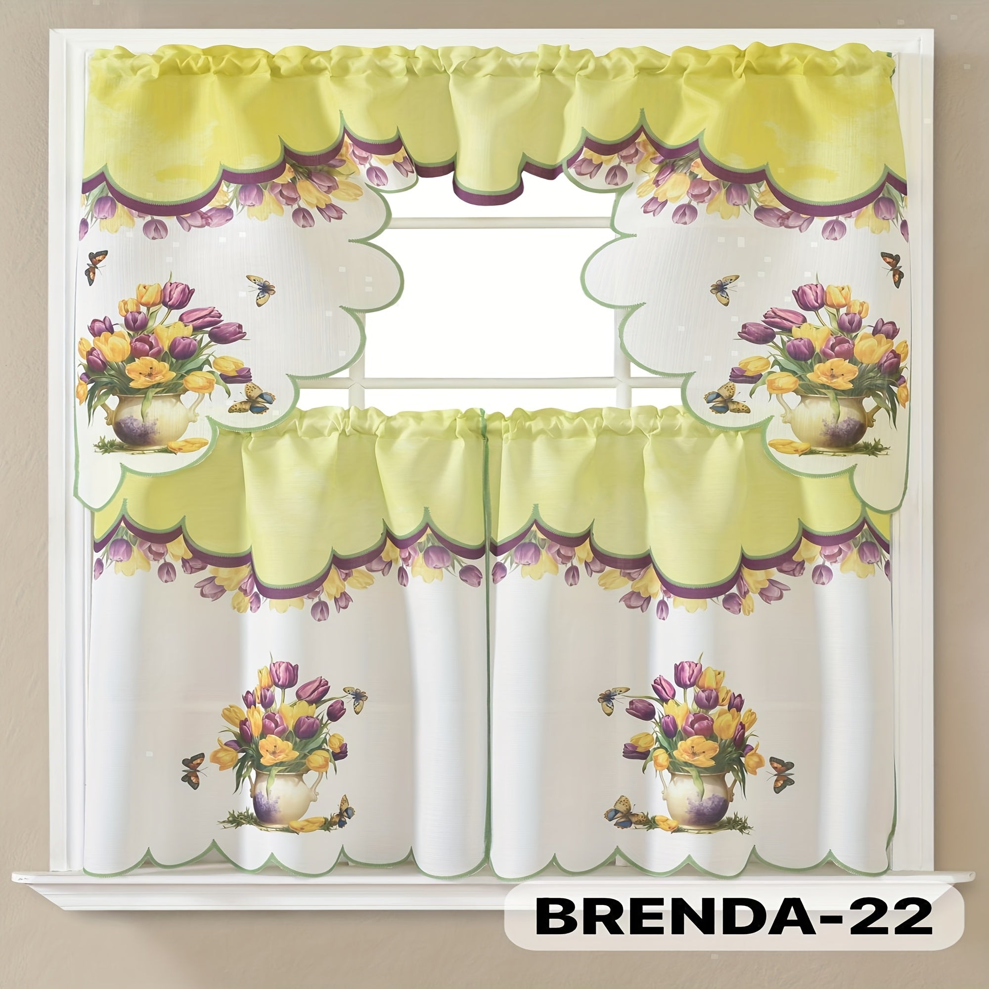 Kitchen Curtains 3 Piece Set Embroidered Satin Valance and Tiers - Rod Pocket Light Filtering Machine Washable 46 Colors Available All Season Home Decor