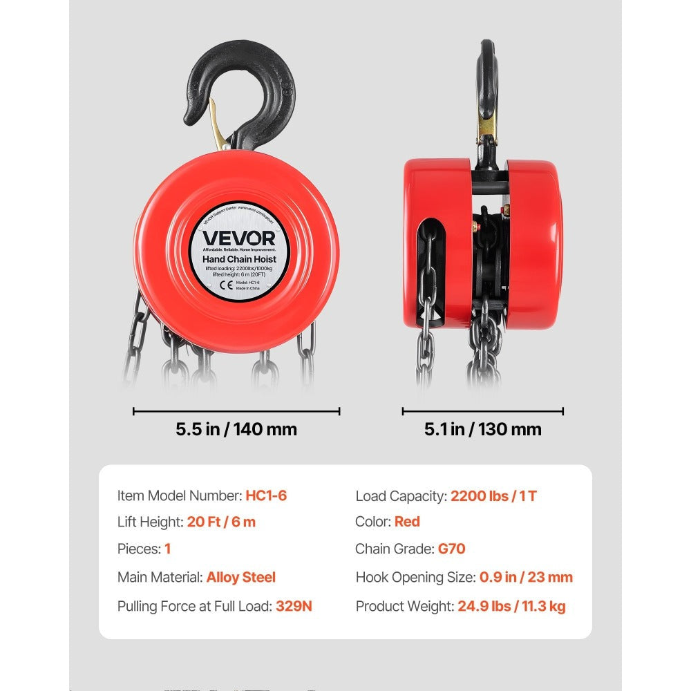 Hand Chain Hoist 2200 lb / 4400 lb Manual Chain Block with G70 Chain ¨C 8 ft / 10 ft / 20 ft Lift Height, 360¡ã Rotating Hooks, Security Brake, for Garage, Construction & Warehouse Lifting