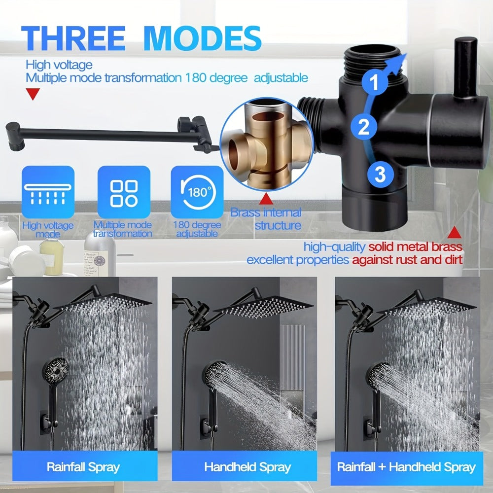 High Pressure Rainfall Handheld Shower Head Combo, 11-Inch Extension Arm, 9 Settings, 180¡ã Adjustable, Anti-Leak with Holder, Chrome & Matte Black, 8/10/12 Inch