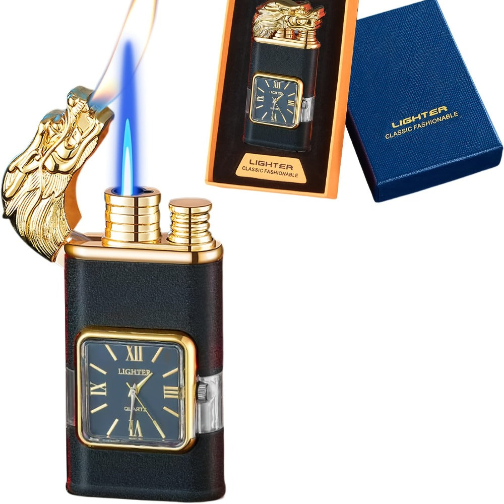 Double Flame Windproof Lighter Creative Retro Metal Lighter Dragon Eagle Gun Shape Quartz Dial Portable Outdoor Lighter Men Gift Box Butane Gas Not Included