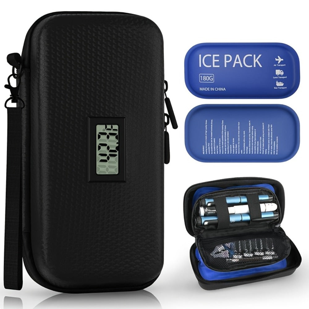 Insulin Cooler Travel Case 24 Hour Refrigerated Medication Case Temperature Display Wristband 2 Reusable Ice Packs Diabetic Insulin Pen Cooler Black Blue