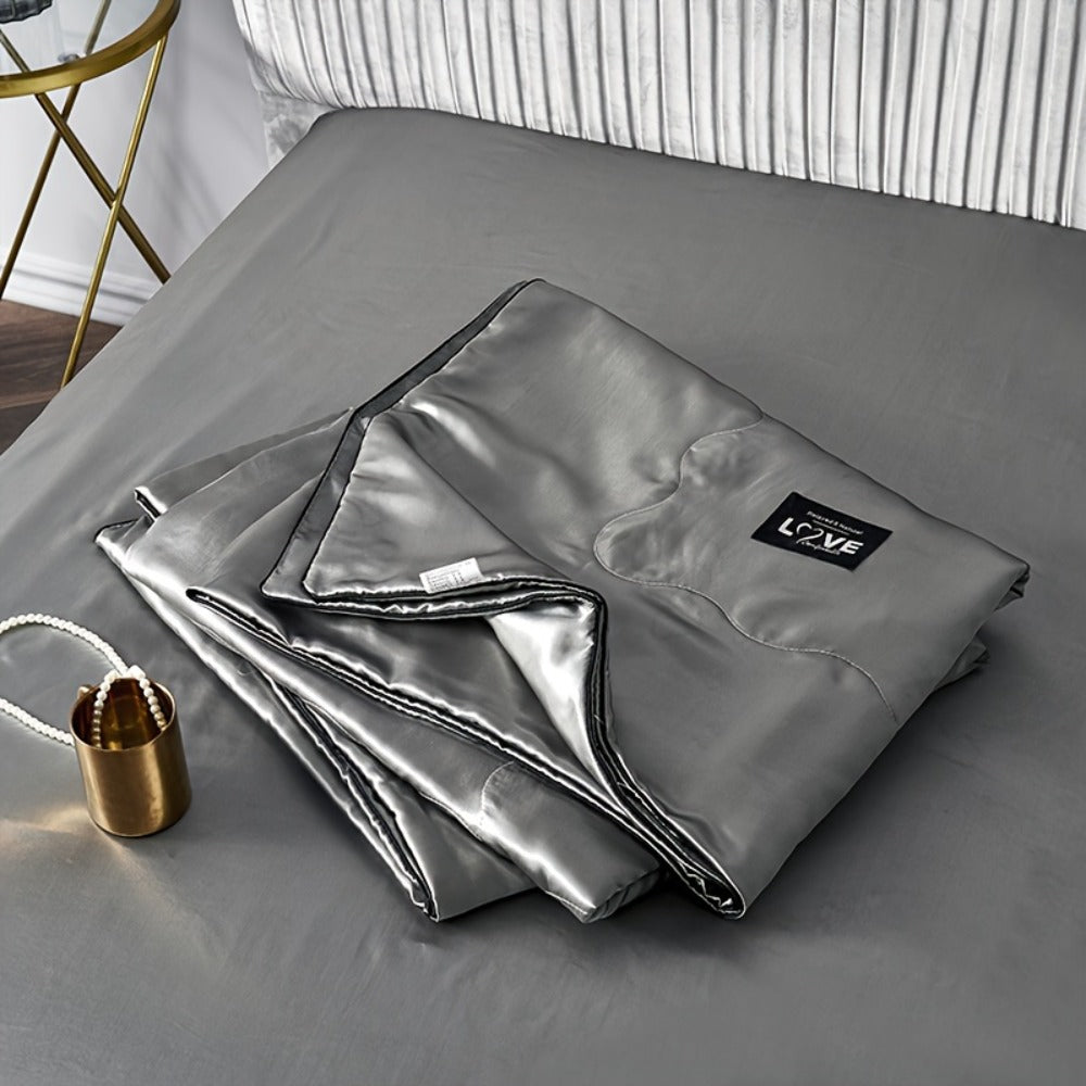 Cooling Satin Quilt Summer Comforter Ultra-Soft Breathable Lightweight Blanket, Machine Washable Satin Weave Bedspread for Home Dorm Hotel, Twin Full Size, White Silvery Grey Pink Lake Blue