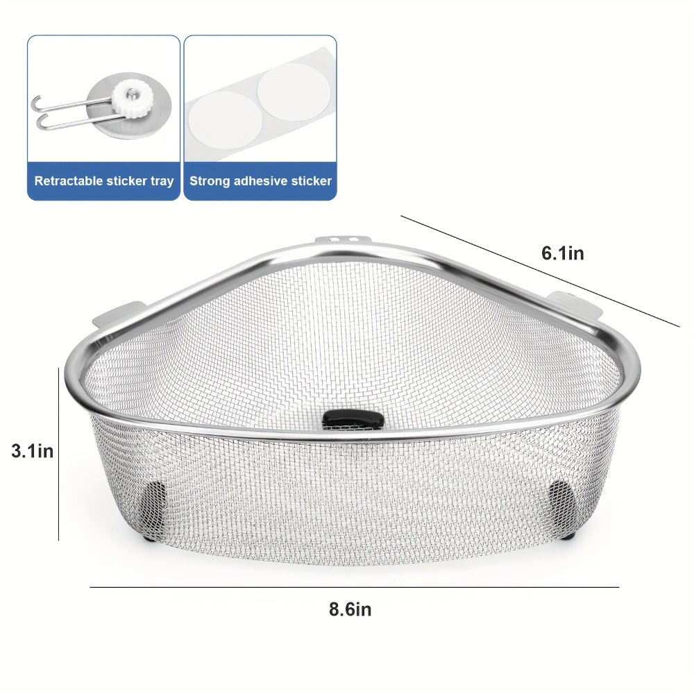 Stainless Steel Sink Strainer Basket 304 Grade Triangular Space-Saving Design ¨C Dual-Use Stand & Hang, Mesh Filter for Food Waste & Clog Prevention, Kitchen & RV Drain Basket 8.6¡Á6.1¡Á3.1 Inch