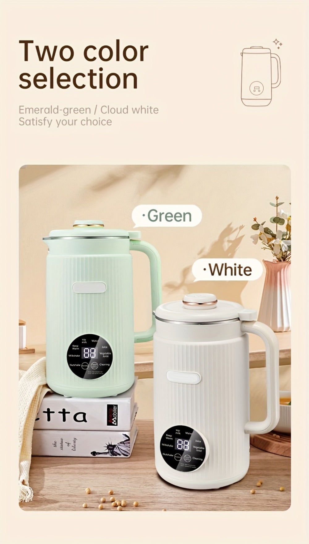 8-in-1 Nut Milk Maker 35oz 8-Blade - Almond Oat Soy Coconut Plant-Based Milk Machine with Delay Start Keep Warm Self-Cleaning Boil Water Function - Non-Dairy Beverage Blender Soy Milk Maker Beige