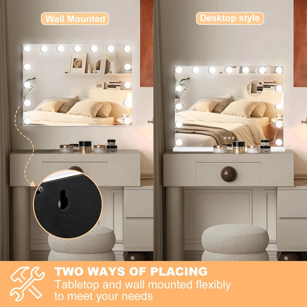 Hollywood Vanity Mirror with Lights ¨C 15 LED Bulbs, 3 Color Modes, Dimmable Brightness, 23x18 Inch, USB & Type-C Charging, Touch Control, Desk & Wall Mount, Metal Frame Makeup Mirror