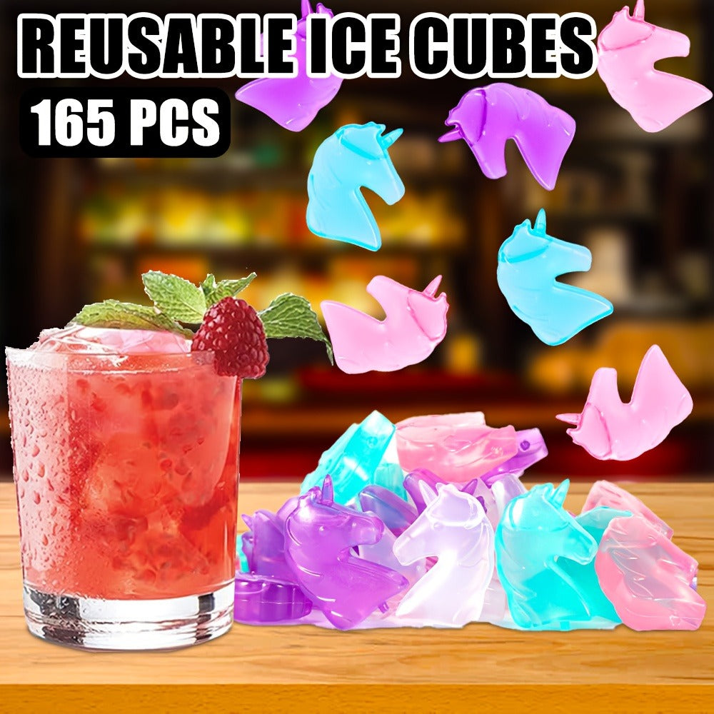Reusable Plastic Ice Cubes 60/90/120/165 PCS - Non-Melting Non-Diluting Refreezable Ice Cubes for Whiskey, Vodka, Coffee & Cocktails, Rainbow & Unicorn Washable Fake Ice Cubes for Drinks