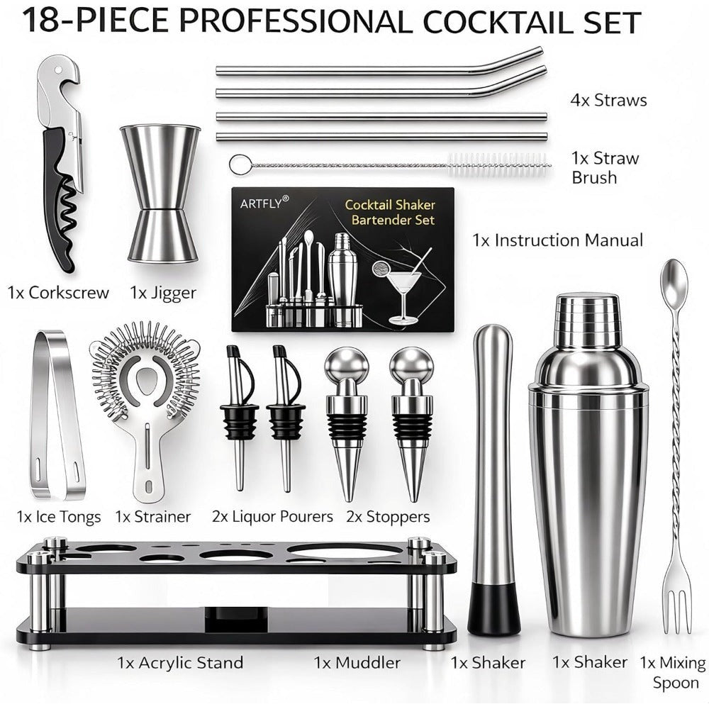Bartender Kit 18-Piece with Acrylic Stand, 18/8 Stainless Steel Bar Set, Martini Shaker, Jigger, Muddler & Recipe Book ¨C Complete Home Bar Tool Set