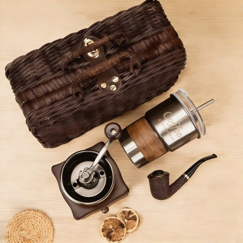 Manual Coffee Grinder Hand Grinder with 304 Stainless Steel Burr, Portable Square Coffee Mill for Travel, Camping, Office & Food Truck, Vintage & Brown Pipe Style, Perfect Coffee Gift Set