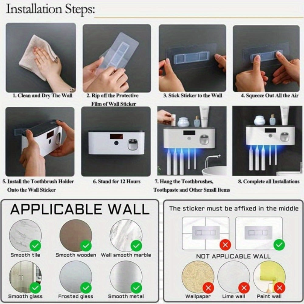 Toothbrush Holder Wall Mount with Toothpaste Dispenser Solar Rechargeable Cordless Space Saving Bathroom Organizer Toothbrush Storage for Bathroom Counter Vanity