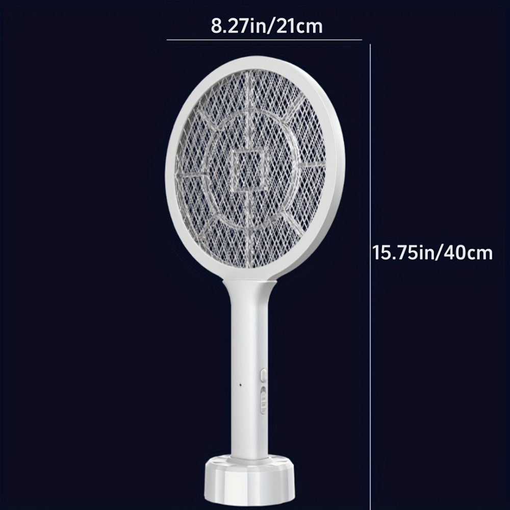 Electric Mosquito Swatter Racket Bug Zapper with LED Night Light & USB Charging, Handheld Insect Killer with Base Stand, Dual Mode Mosquito Lure Lamp for Home, Office & Outdoor Use