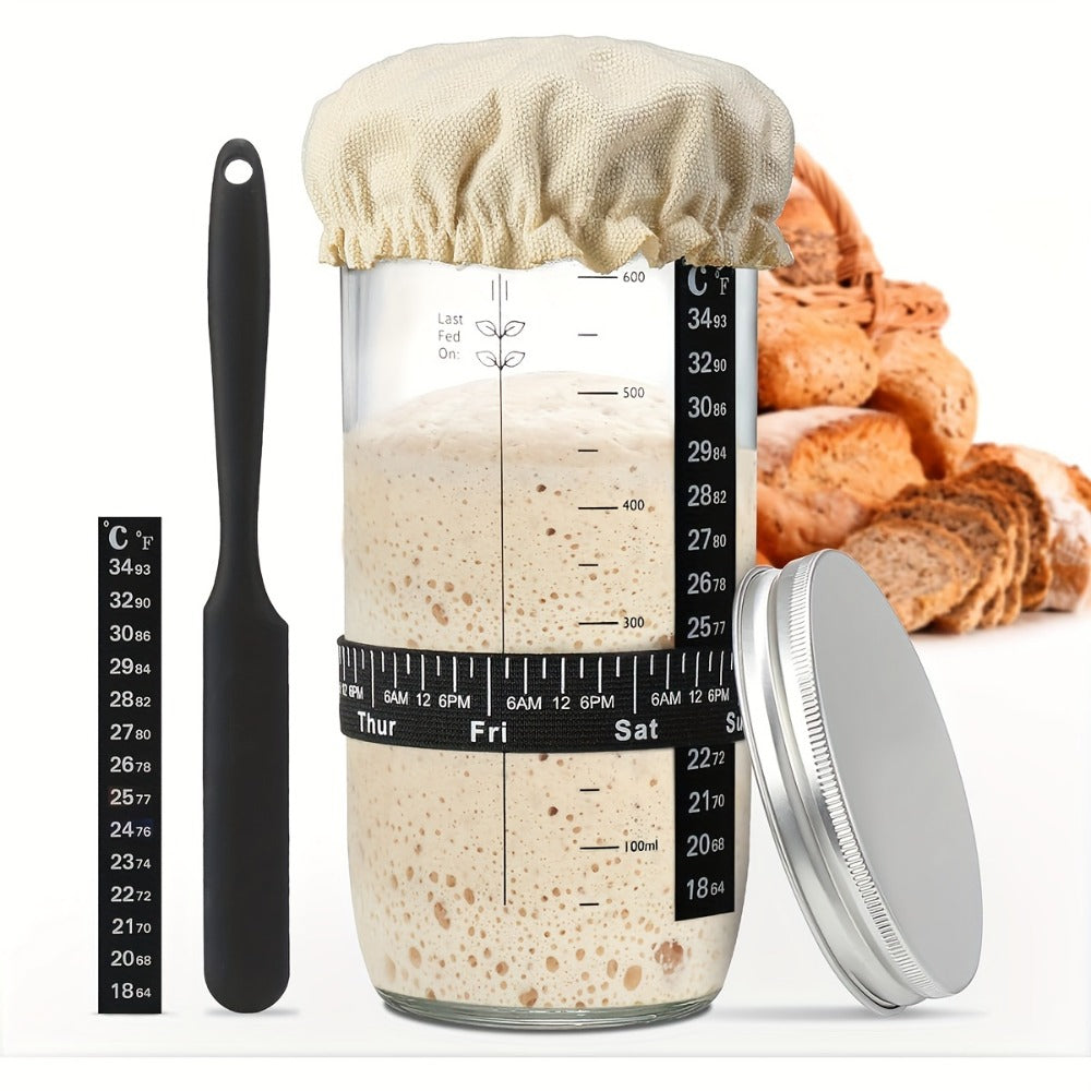 Glass Fermentation Jar Kit 24oz with Thermometer Scraper Cloth Lid Aluminum Lid and Auxiliary Label for Bread Baking Sourdough Juice Fermentation Available in 1 and 2 Pack