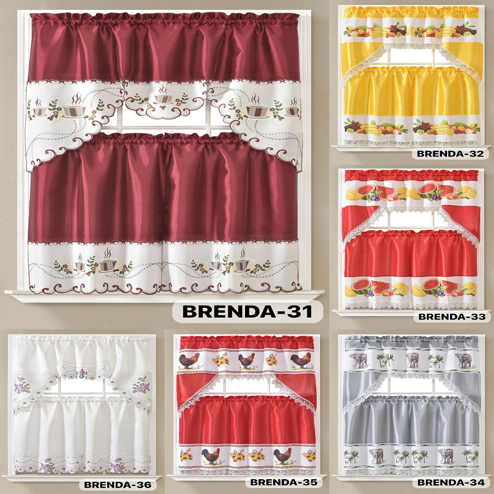 Kitchen Curtains 3 Piece Set Embroidered Satin Valance and Tiers - Rod Pocket Light Filtering Machine Washable 46 Colors Available All Season Home Decor