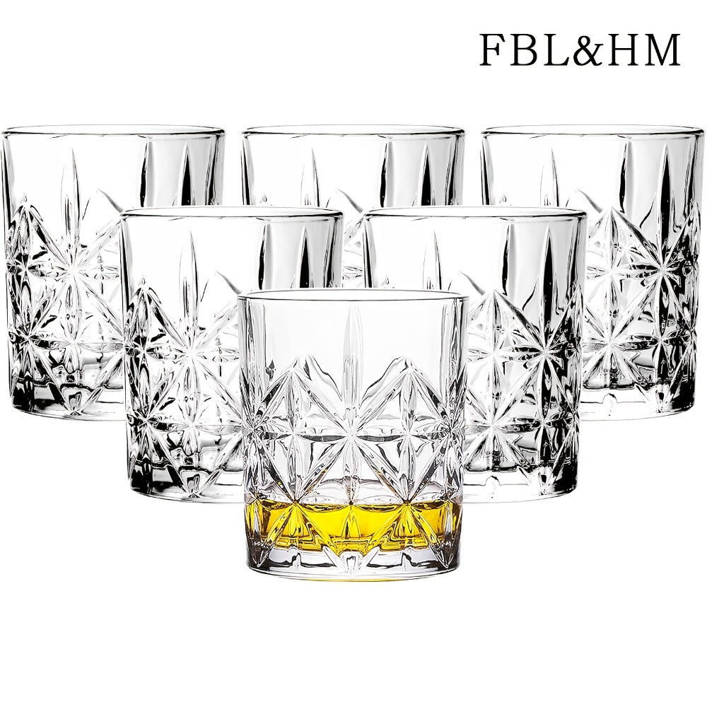 Whiskey Glasses Set of 6 - FBL&HM Lead-Free Crystal Old Fashioned Cocktail Glasses, 10oz Oval Stripe Bar Tumbler for Bourbon, Scotch, Brandy, Vodka & Mixed Drinks, Dishwasher Safe
