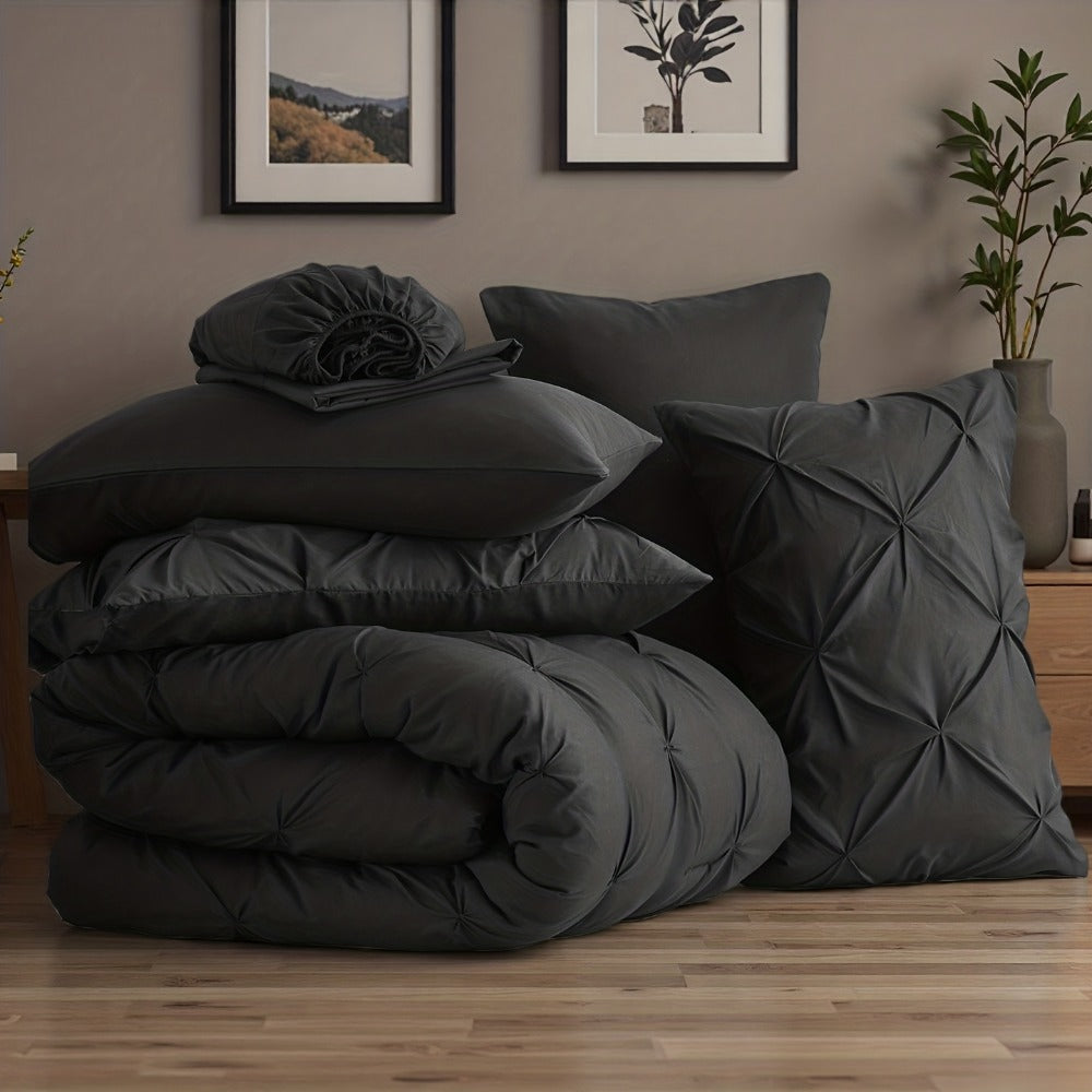 Comforter Set Luxurious Pleated 5/7pcs Bed in a Bag | Soft Plush Fiber Fill, Year-Round Warmth - Quilted Comforter, Flat & Fitted Sheet, Pillowcases & Shams, Complete Bedding Set Twin Full Queen King