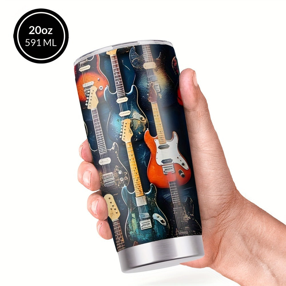 Insulated Tumbler 20oz Guitar Pattern Stainless Steel Travel Mug with Lid and Straw Double Wall Vacuum Coffee Cup Water Bottle for Hot Cold Drinks Gift for Music Lover Birthday Graduation Valentine White