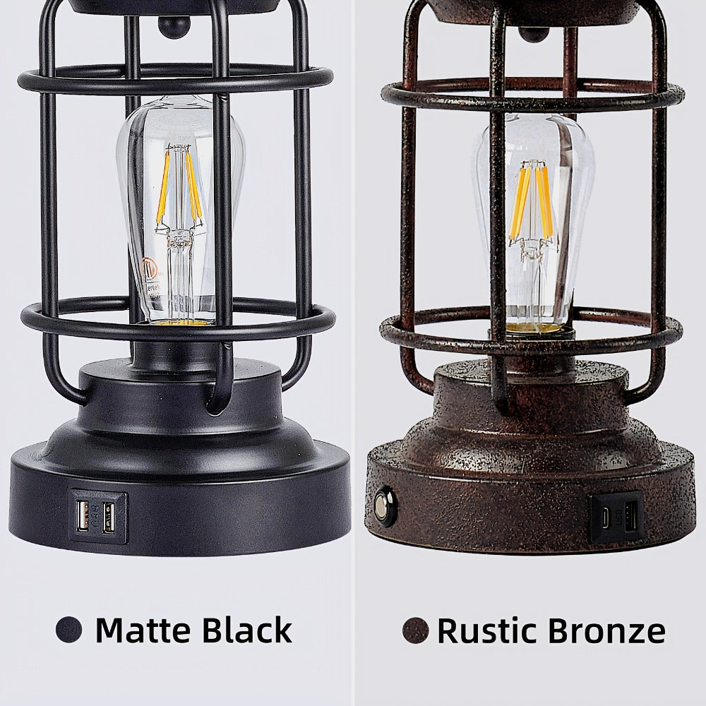 Farmhouse Table Lamps Set of 2 with 4 LED Bulbs | Touch Control 3-Way Dimmable Nightstand Lamp Dual USB Ports Natural Linen Shade Metal Black 22 Inch Bedroom Living Room