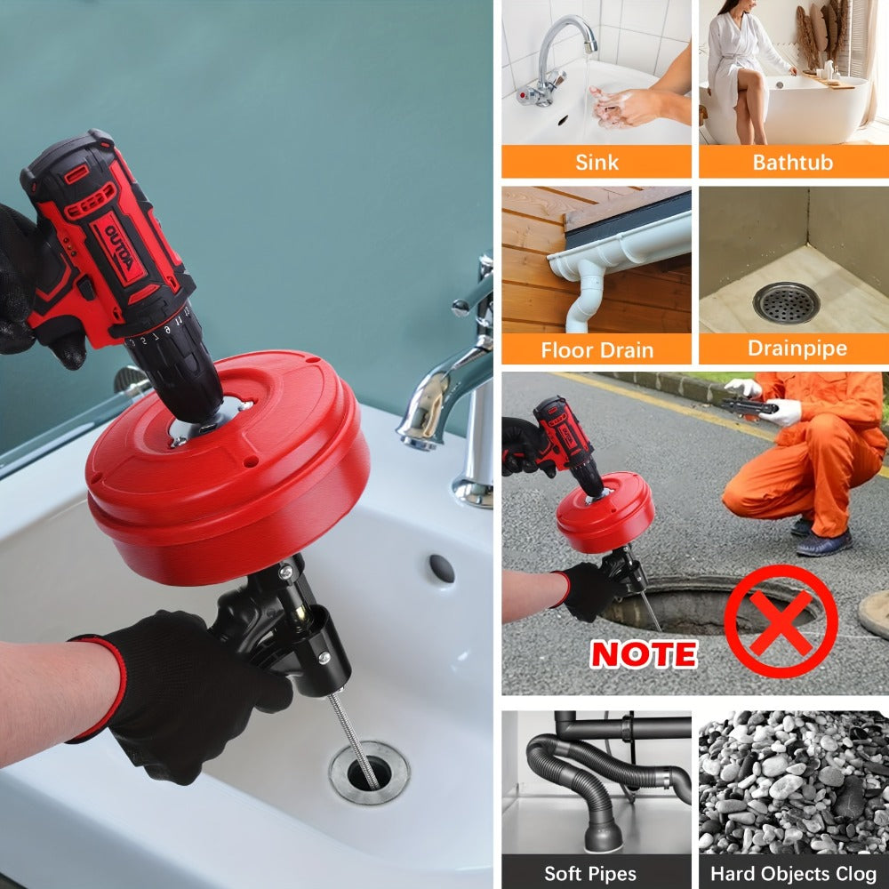 Drain Snake Auger 25ft with Drill Adapter - Heavy Duty Manual & Drill-Powered Plumbing Snake, 1/4¡± Spiral Head for 1-1/4¡± to 3¡± Pipes, Clog Remover for Shower Sink Toilet Bathtub, Gloves Included