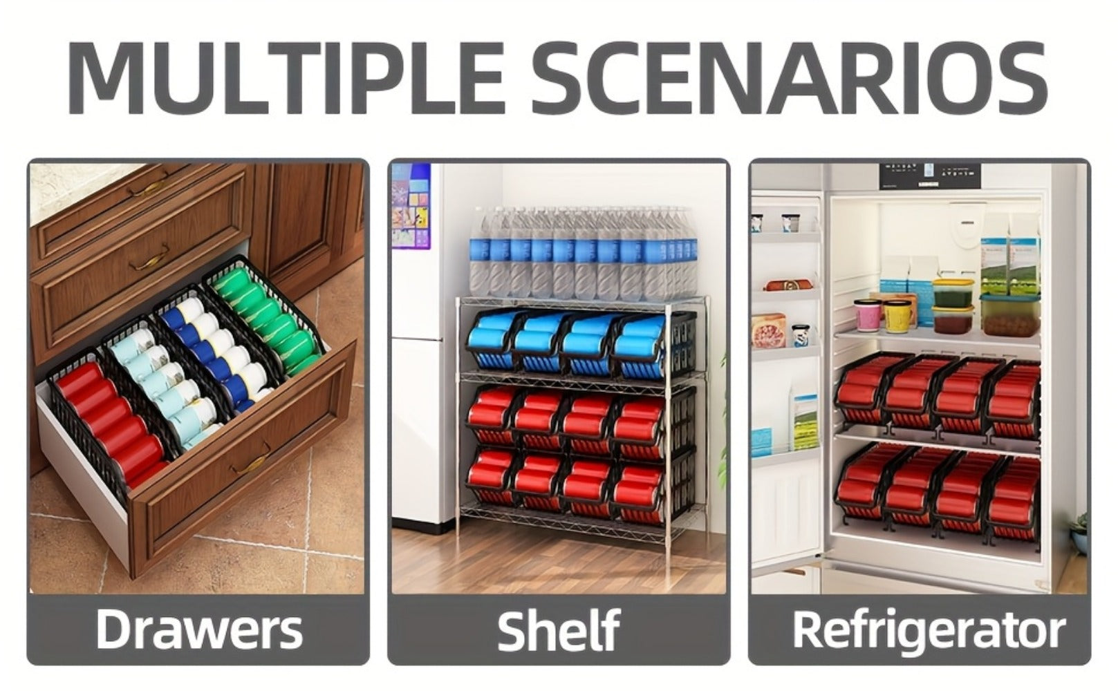 Stackable Can Organizer for Refrigerator 6-Pack | Metal Soda Can Holder Dispenser Storage Rack for Kitchen Pantry Cabinet Countertop, Black