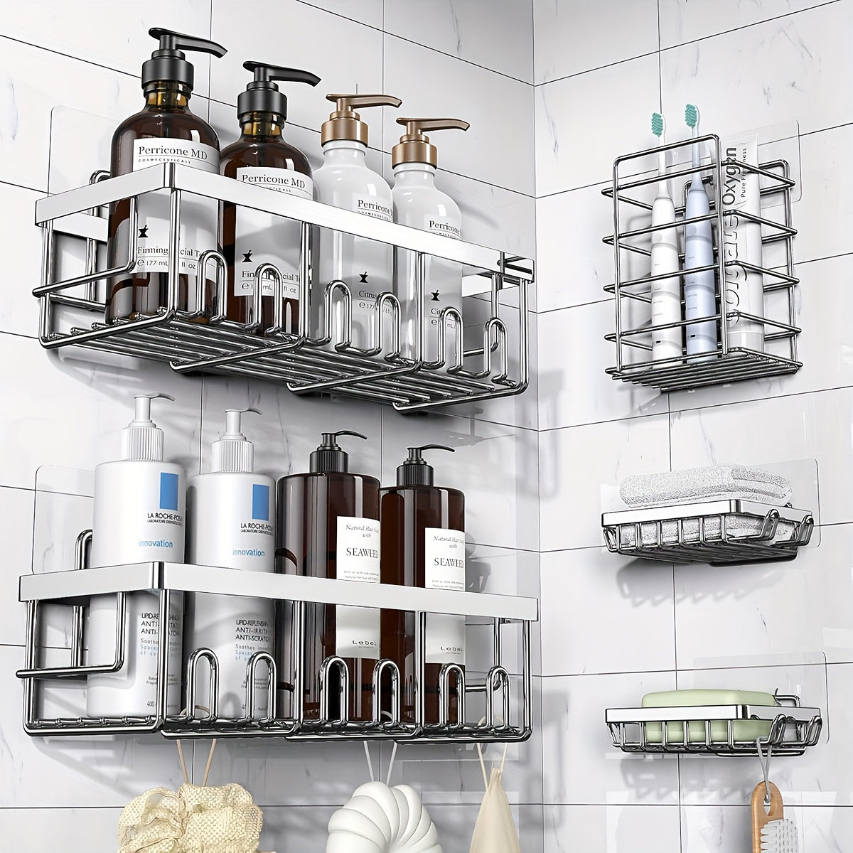 Shower Caddy Organizer 5 Pack Adhesive Rustproof Stainless Steel Shower Shelves with Soap Holder No Drilling Bathroom Storage Rack for Shower Wall Renters Apartment Kitchen Multiple Colors