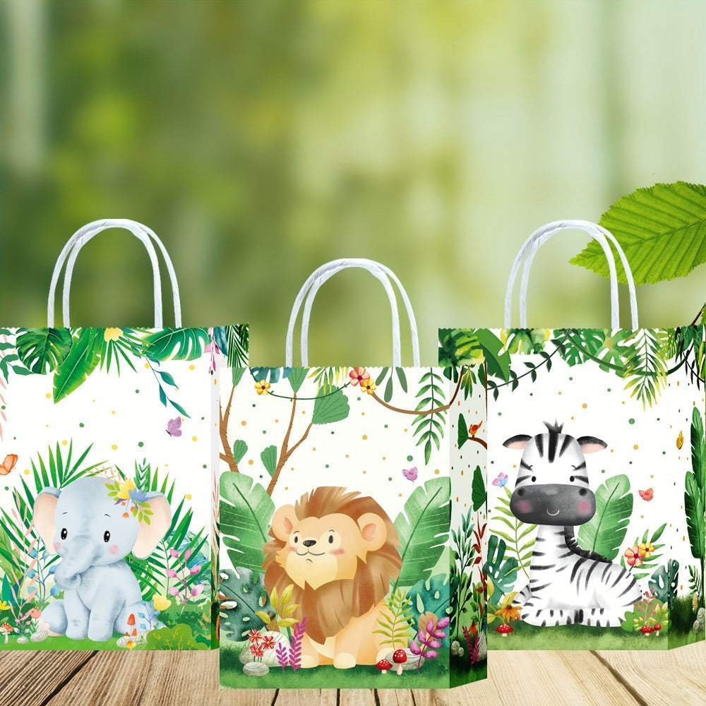 Party Favor Bags Safari Animals Jungle Theme Woodland Print Paper Goodie Bags with Handles for Kids Birthday Party Candy Gift Bags 8 Styles 16 or 32 Pack