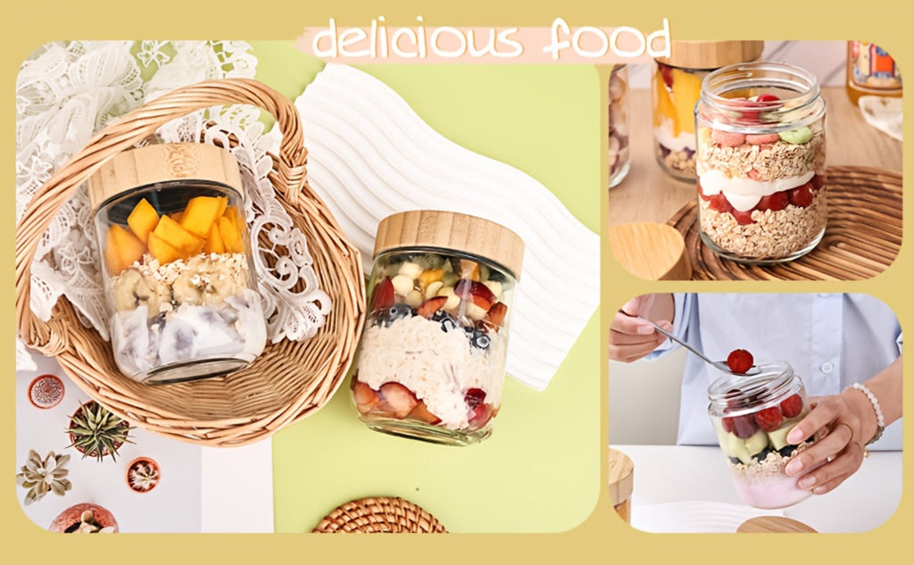 Glass Jars with Bamboo Lids - Airtight Wide Mouth Mason Jars for Overnight Oats Yogurt Chia Seeds Snacks and Meal Prep, Clear Glass Food Storage Containers for Salad Spice and Sugar, Available in 4 Pack 16oz or 6 Pack with Spoons