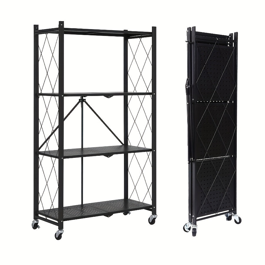 Storage Rack 3-5 Tier Foldable Shelving Unit with Wheels - Portable Multi-Layer Floor Standing Utility Shelf Organizer for Bedroom Closet Kitchen Office Black White