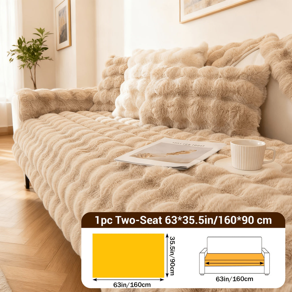 Bubble Soft Faux Rabbit Fur Sofa Cover - Non-Slip Silicone Backing Stretchable Slipcover Pet Friendly Machine Washable for Living Room Bedroom Dorm, 4 Colors Multiple Sizes