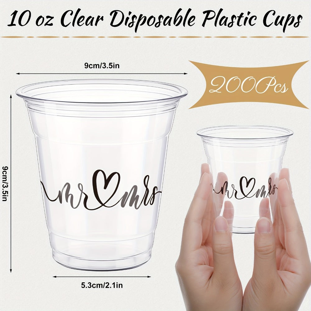 Disposable Wedding Cups 200 Pack 10oz Clear Plastic Glasses Bulk for Wedding Reception Supplies Bridal Shower Anniversary Birthday Party Mr and Mrs