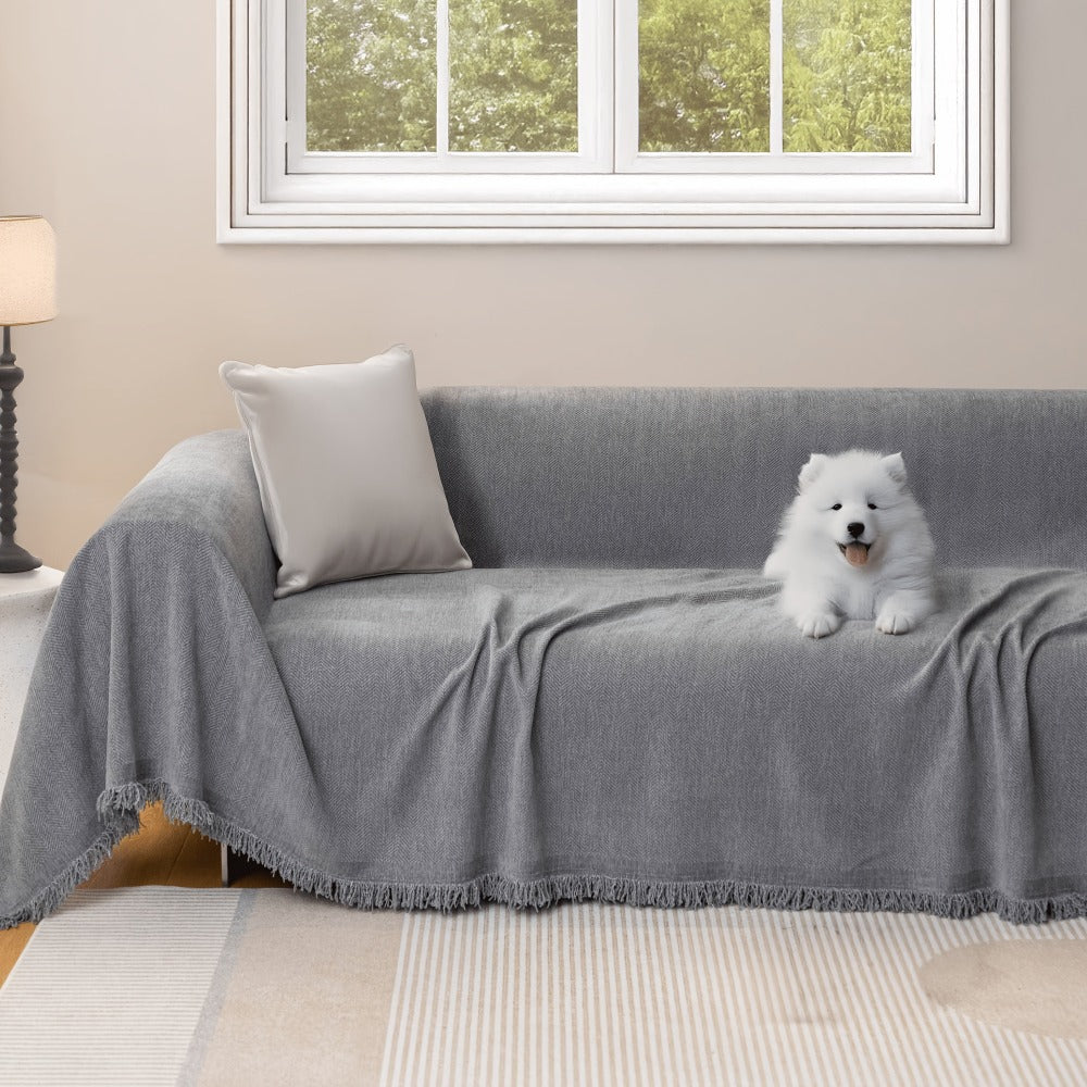 Couch Cover Throw Chenille Fringe Extra Large - Pet Friendly Scratch Proof Non-Slip Washable Polyester Sofa Protector | 3 Seat 71x102in 4 Seat 71x134in | Beige Gray Brown | Living Room Multipurpose