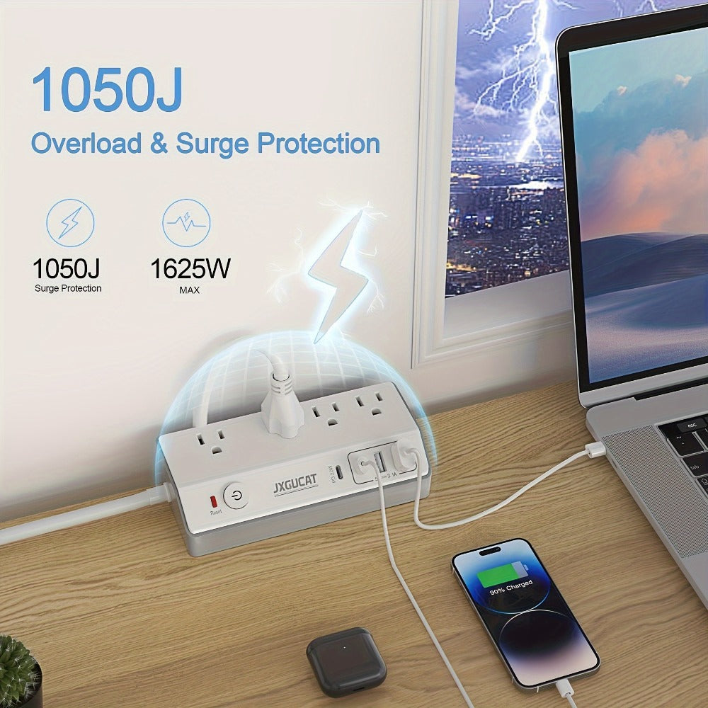 Desk Clamp Power Strip with USB-C PD 20W Fast Charging - 4 AC Outlets 4 USB Ports Surge Protector 1050J 8.8Ft Flat Plug Extension Cord Removable Clamp Fits 1.8 Inch Tabletop Edge Home Office Gaming