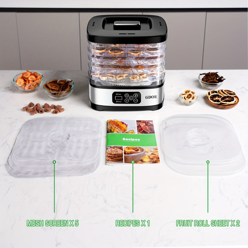 Food Dehydrator Machine 5-Tray with 72H Timer & LED Display ¨C Adjustable Temperature Control, BPA-Free, Includes Mesh Screen, Fruit Roll Sheet & Recipes, for Jerky, Fruit, Veggie, Herb & Dog Treats
