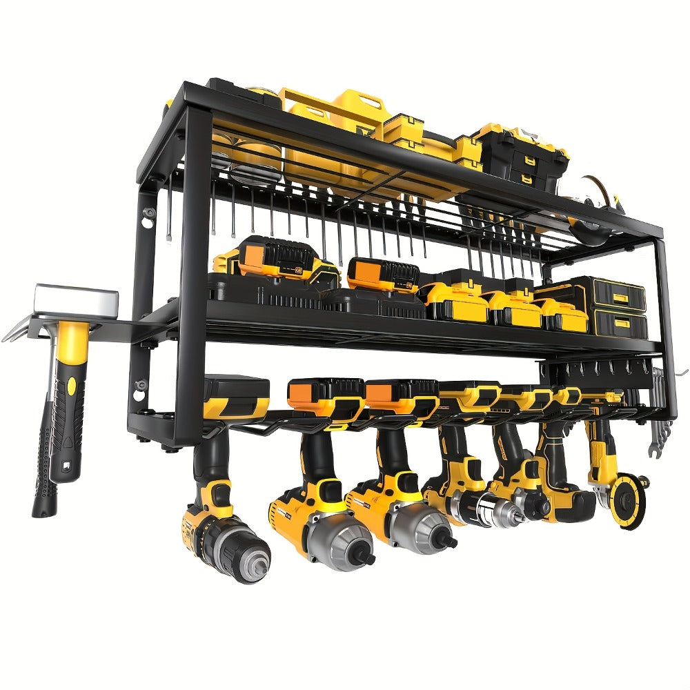 Wall Mounted Power Tool Organizer Rack ¨C Heavy Duty Metal Drill Holder with 2/3/4 Layer Floating Shelf | Garage Tool Storage for Cordless Drills, Screwdrivers & Power Tools | No Electricity Needed
