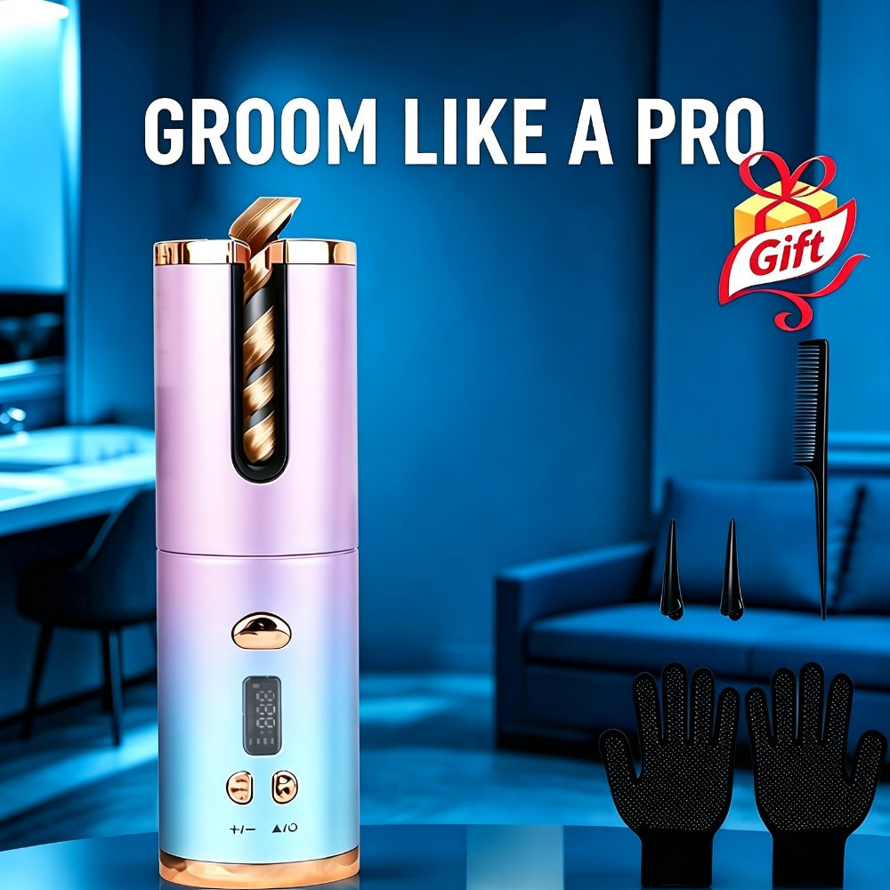 Cordless Curling Iron 1 Inch USB Rechargeable, Automatic Rotating Ceramic Curling Wand with 6 Heat Settings LCD Display, Scald-Free Detangle Hair Curler for All Hair Types Wet Dry Styling