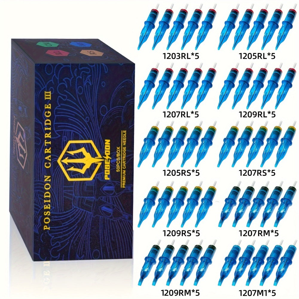 Tattoo Cartridge Needles 50Pcs Mixed Sizes - POSEIDON V3 Assorted Sterilized Cartridge Needles with Membrane Safety System 1203RL 1205RL 1207RL 1209RL 1207RM 1209RM 1205RS 1207RS 1209RS 1207M1