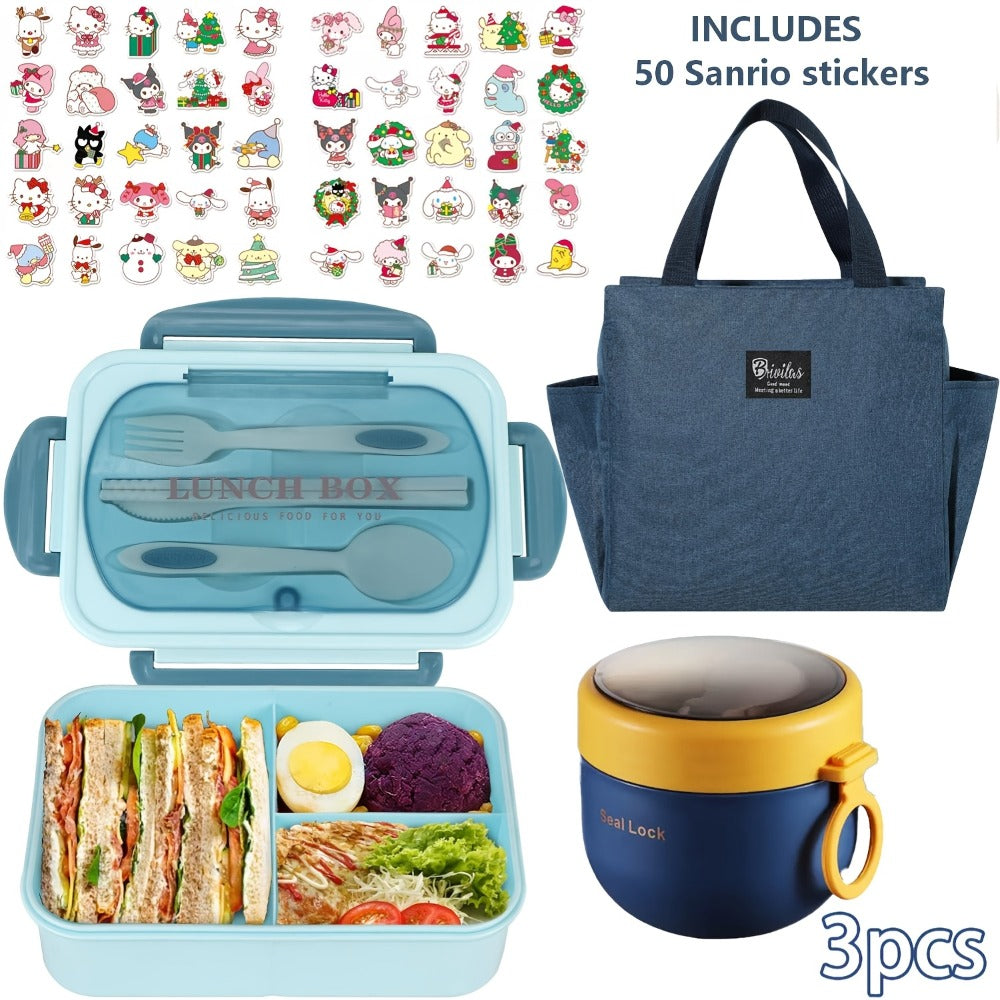 Sanrio Lunch Box Set 53pcs Bento Box with Thermal Bag Breakfast Cup Portable Sealed Compartment Microwave Dishwasher Safe for Work Picnic School