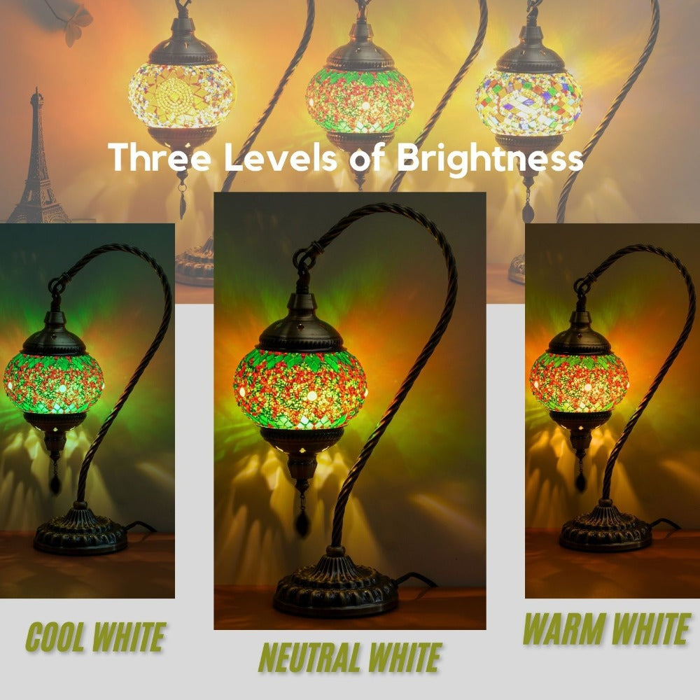 Mosaic Table Lamp Turkish Moroccan Style Handmade Swan Neck Glass Bedside Lamp 3 Color Modes LED Bulb Included Metal Base for Bedroom Living Room